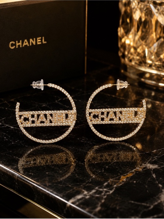 Fashion Jewelry Jewelry - Gold Crystal CC Logo Hoop Earrings